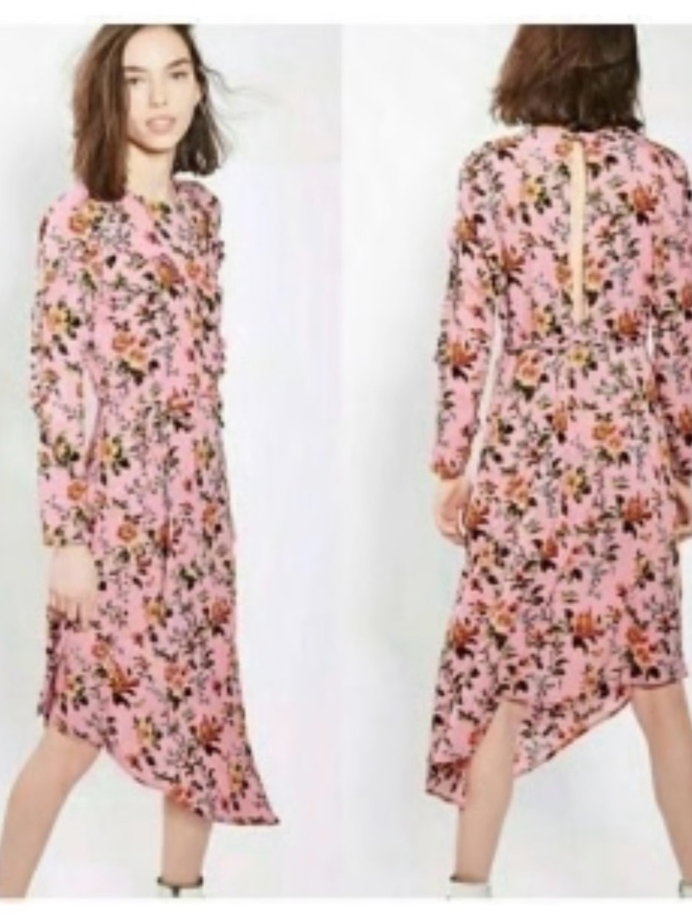 Topshop Pink Floral Long-Sleeve Midi with Ruffle Detail